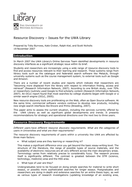 Resource Discovery – Issues for the UWA Library