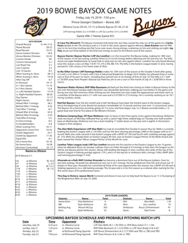 2019 BOWIE BAYSOX GAME NOTES Friday, July 19, 2019 - 7:05 P.M