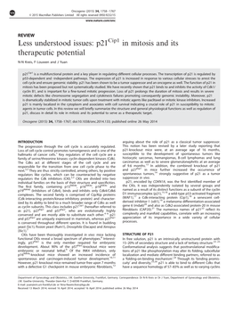 Less Understood Issues: P21cip1 in Mitosis and Its Therapeutic Potential