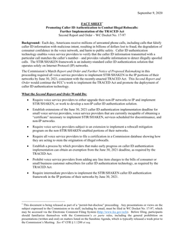 September 9, 2020 FACT SHEET* Promoting Caller ID Authentication