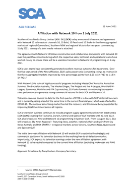 ASX RELEASE Affiliation with Network 10 from 1 July 2021