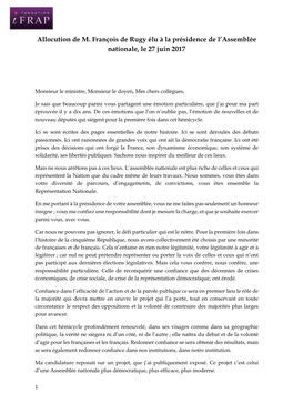 Allocution De M. François De Rugy Élu À La Présidence De L'assemblée
