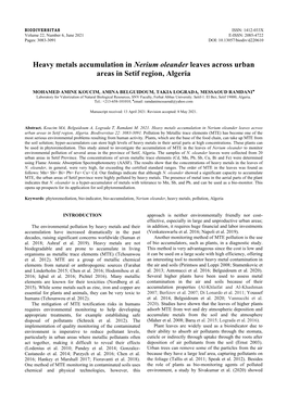 Heavy Metals Accumulation in Nerium Oleander Leaves Across Urban Areas in Setif Region, Algeria