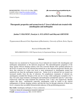 Therapeutic Properties and Serum Iron in T. Brucei Infected Rats Treated with Amodiaquine and Mefloquine