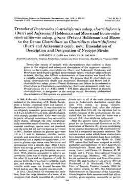 Transfer of Bacteroides Clostridiiformis Subsp. Clostridiiformis to the Genus