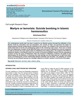 Martyrs Or Terrorists: Suicide Bombing in Islamic Hermeneutics