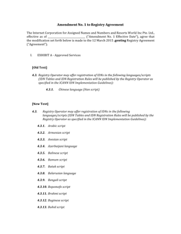 Amendment No. 1 to Registry Agreement