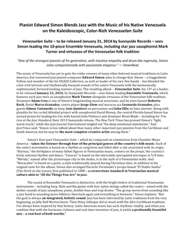 Pianist Edward Simon Blends Jazz with the Music of His Native Venezuela on the Kaleidoscopic, Color-Rich Venezuelan Suite