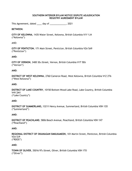 Southern Interior Bylaw Notice Dispute Adjudication Registry Agreement Bylaw