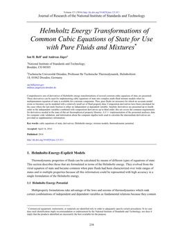 Helmholtz Energy Transformations of Common Cubic Equations of State for Use with Pure Fluids and Mixtures*