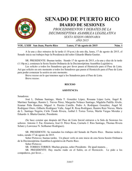 Senado De Puerto Rico Diario De Sesiones Procedimientos Y Debates De La Decimoseptima Asamblea Legislativa Sexta Sesion Ordinaria Año 2015 Vol