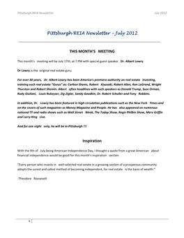 Pittsburgh REIA Newsletter – July 2012 THIS MONTH's MEETING