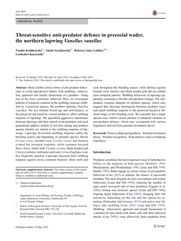 Threat-Sensitive Anti-Predator Defence in Precocial Wader, the Northern Lapwing Vanellus Vanellus