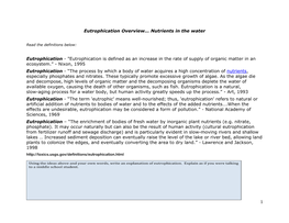 Eutrophication Overview… Nutrients in the Water