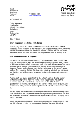 31 October 2016 Christopher Dean Headteacher Icknield High School