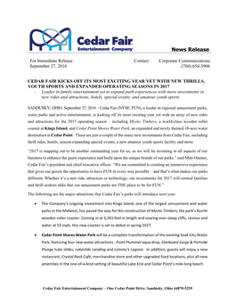 CEDAR FAIR, L.P. DECLARES First QUARTER CASH DISTRIBUTION
