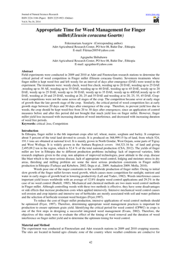 Appropriate Time for Weed Management for Finger Millet (Eleusin Coracana Goartn )