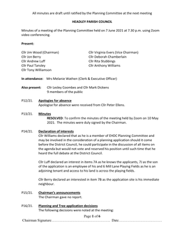 Minutes Are Draft Until Ratified by the Planning Committee at the Next Meeting Page 1 of 6 Chairman Signature……………