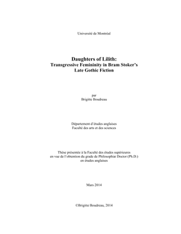 Daughters of Lilith: Transgressive Femininity in Bram Stoker’S Late Gothic Fiction