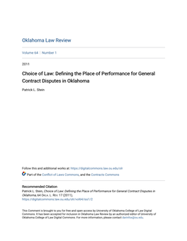 Choice of Law: Defining the Place of Performance for General Contract Disputes in Oklahoma, 64 OKLA