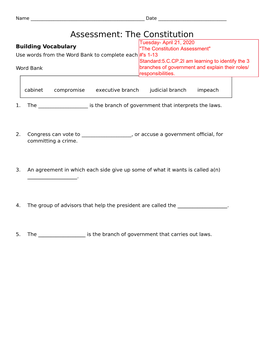 Assessment: the Constitution Building Vocabulary Use Words from the Word Bank to Complete Each Sentence