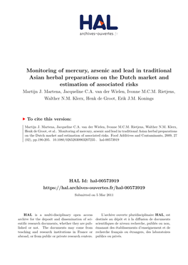 Monitoring of Mercury, Arsenic and Lead in Traditional Asian Herbal Preparations on the Dutch Market and Estimation of Associated Risks Martijn J