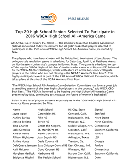 Top 20 High School Seniors Selected to Participate in 2006 WBCA High School All-America Game