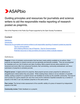 Guiding Principles and Resources for Journalists and Science Writers to Aid the Responsible Media Reporting of Research Posted As Preprints