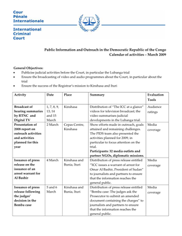 Public Information and Outreach in the Democratic Republic of the Congo Calendar of Activities – March 2009