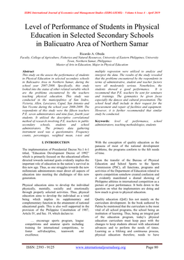 Level of Performance of Students in Physical Education in Selected Secondary Schools in Balicuatro Area of Northern Samar