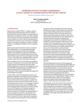 SHORTENING the PATH to ENERGY INDEPENDENCE: a POLICY AGENDA to COMMERCIALIZE BATTERY-ELECTRIC VEHICLES (Printed in the August 2008 Electricity Journal)