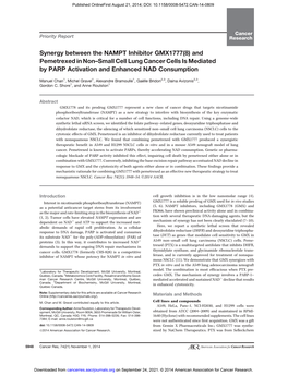 Synergy Between the NAMPT Inhibitor GMX1777(8) and Pemetrexed in Non–Small Cell Lung Cancer Cells Is Mediated by PARP Activation and Enhanced NAD Consumption