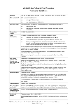 MCG Footy Finals Promotion – Win Tickets to the 2019 AFL Grand Final – on Premise Promotion T&Cs.Docx © 2019 Gadens Lawyers 1