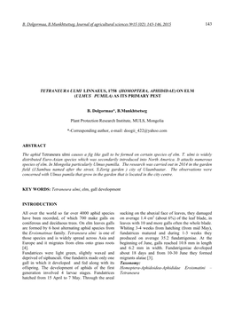 143 TETRANEURA ULMI LINNAEUS, 1758 (HOMOPTERA, APHIDIDAE) on ELM (ULMUS PUMILA) AS ITS PRIMARY PEST B. Dolgormaa*, B.Munkhtse