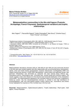 Metazooplankton Communities in the Ahe Atoll Lagoon (Tuamotu (Tuamotu Lagoon Ahe Atoll the in Communities Metazooplankton - French Polynesia ; French P Oto