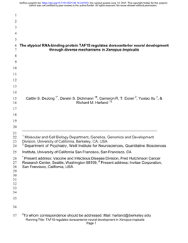 1 2 3 4 5 the Atypical RNA-Binding Protein TAF15 Regulates Dorsoanterior Neural Development 6 Through Diverse Mechanisms in Xeno