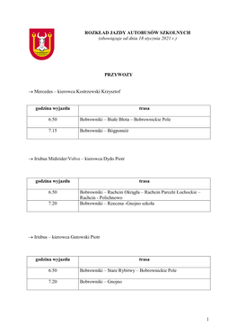 ROZKŁAD JAZDY AUTOBUSÓW SZKOLNYCH (Obowiązuje Od Dnia 18 Stycznia 2021 R.)