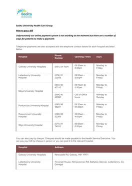 Saolta University Health Care Group How to Pay a Bill Unfortunately Our