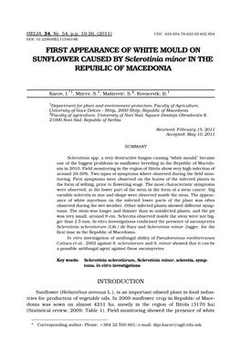 FIRST APPEARANCE of WHITE MOULD on SUNFLOWER CAUSED by Sclerotinia Minor in the REPUBLIC of MACEDONIA
