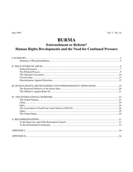 BURMA Entrenchment Or Reform? Human Rights Developments and the Need for Continued Pressure