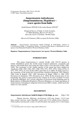 Jungermannia Indrodayana (Jungermanniaceae, Hepaticae) – a New Species from India