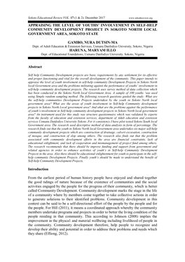 Appraising the Level of Youths’ Involvement in Self-Help Community Development Project in Sokoto North Local Government Area, Sokoto State