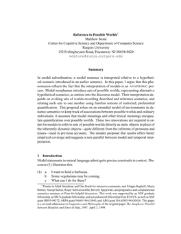 Reference to Possible Worlds1 Matthew Stone Center for Cognitive Science and Department of Computer Science Rutgers University 1