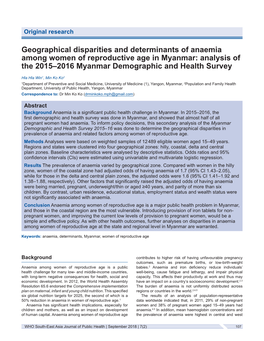 Geographical Disparities and Determinants of Anaemia Among Women of Reproductive Age in Myanmar: Analysis of the 2015–2016 Myanmar Demographic and Health Survey