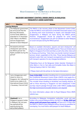 Recovery Movement Control Order (Rmco) in Malaysia Frequently Asked Questions