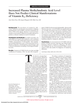 Increased Plasma Methylmalonic Acid Level Does Not Predict Clinical Manifestations of Vitamin B12 Deficiency