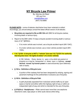 NY Bicycle Law Primer By: Attorney Jim Reed Ziff Law Firm Jreed@Zifflaw.Com (607) 733-8866