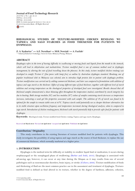 Rheological Studies of Texture-Modified Chicken Rendang with Tapioca and Sago Starches As Food Thickener for Patients with Dysphagia