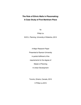 The Role of Ethnic Malls in Placemaking: a Case Study of First Markham Place