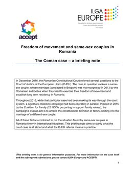 Freedom of Movement and Same-Sex Couples in Romania the Coman